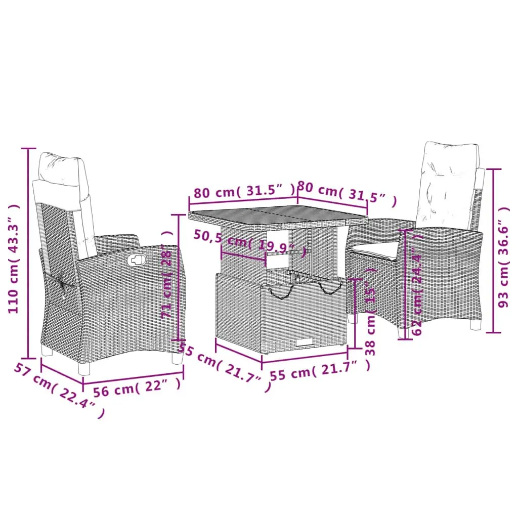 Garden Dining Set 3 Piece Outdoor Furniture Grey PE Rattan with Cushions