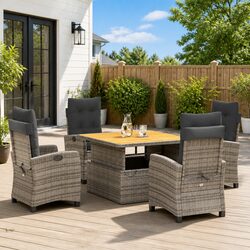 5 Piece Garden Dining Set Adjustable Backrest Lift Top Table Grey Cushions