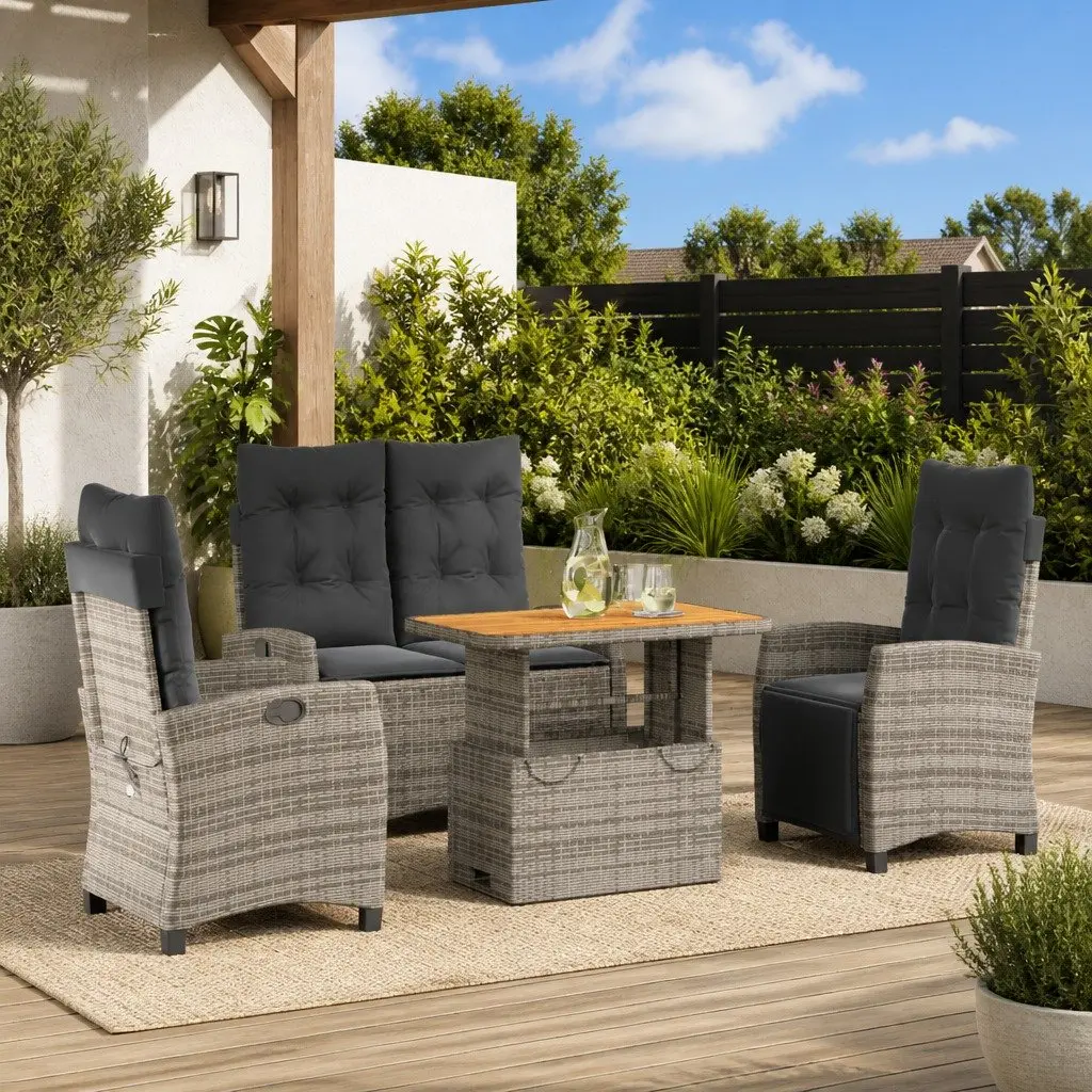 4 Piece Garden Dining Set with Adjustable Backrest Lift Top Table Grey Cushions