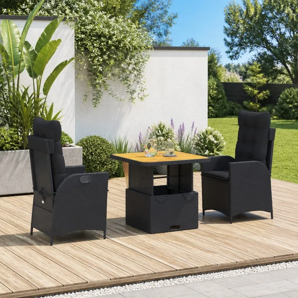 Garden Dining Set 3 Piece Outdoor Furniture Adjustable Table Black Poly Rattan