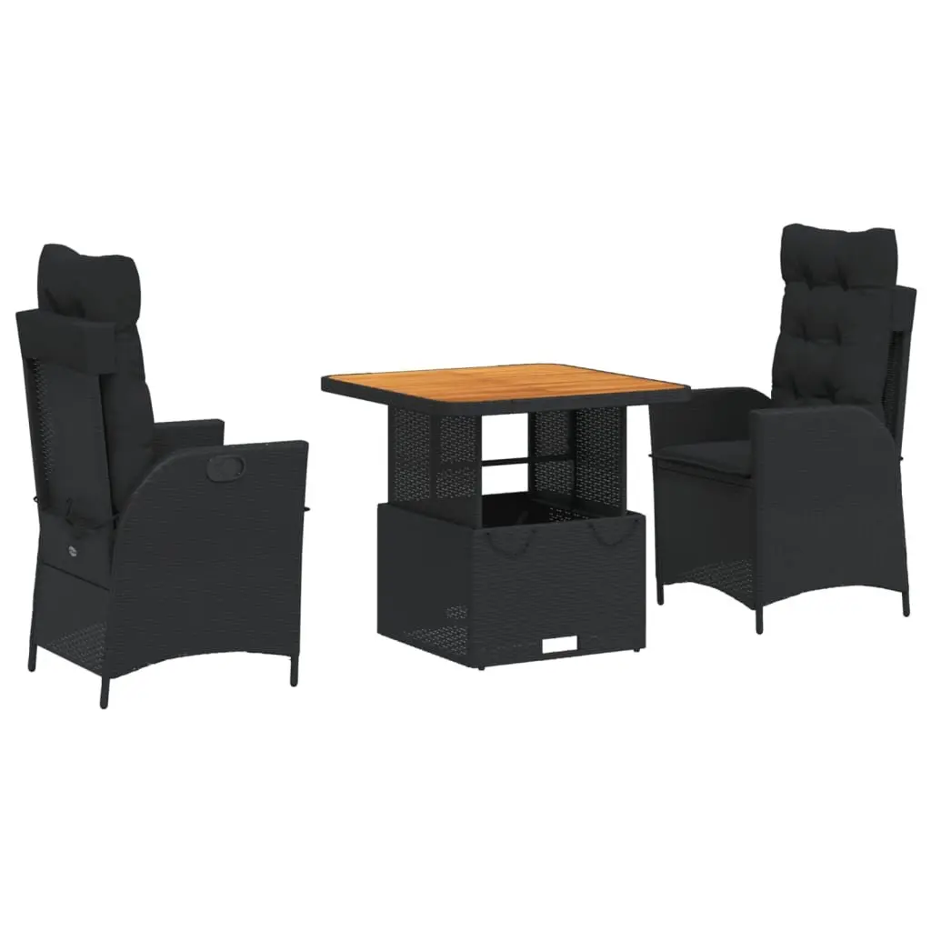 Garden Dining Set 3 Piece Outdoor Furniture Adjustable Table Black Poly Rattan