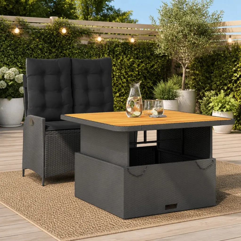 Outdoor Garden Dining Set 2 Piece Black PE Rattan Chairs Table with Adjustable Height and Cushions