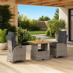 Garden Dining Set 3 Piece Outdoor Furniture Grey Poly Rattan Adjustable Cushions
