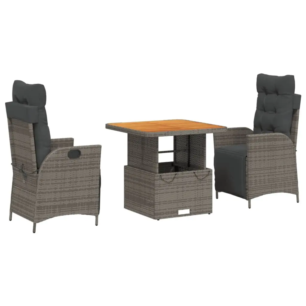 Garden Dining Set 3 Piece Outdoor Furniture Adjustable Table Chair Cushions Grey