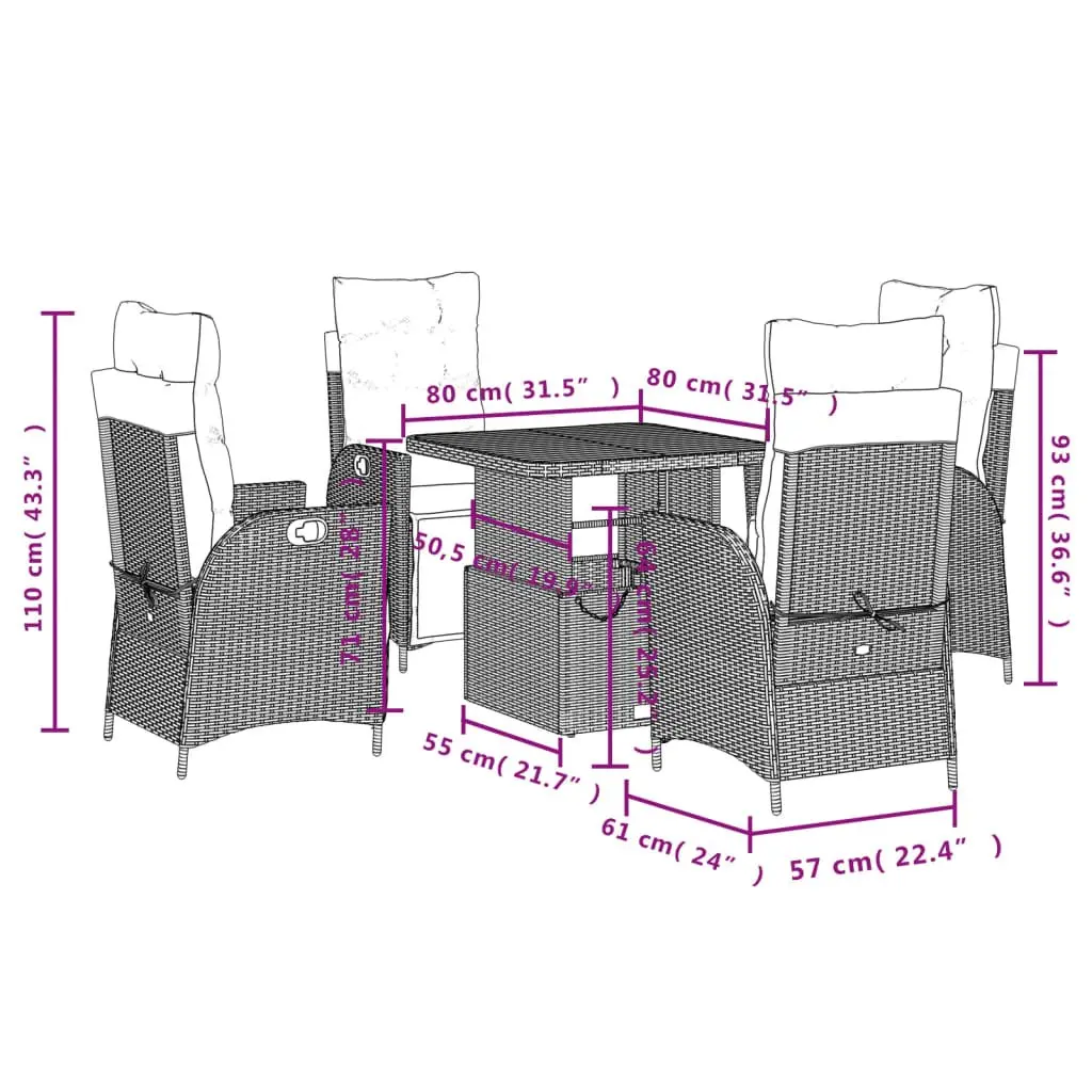 5 Piece Garden Dining Set with Adjustable Backrest Lifting Tabletop Cushions
