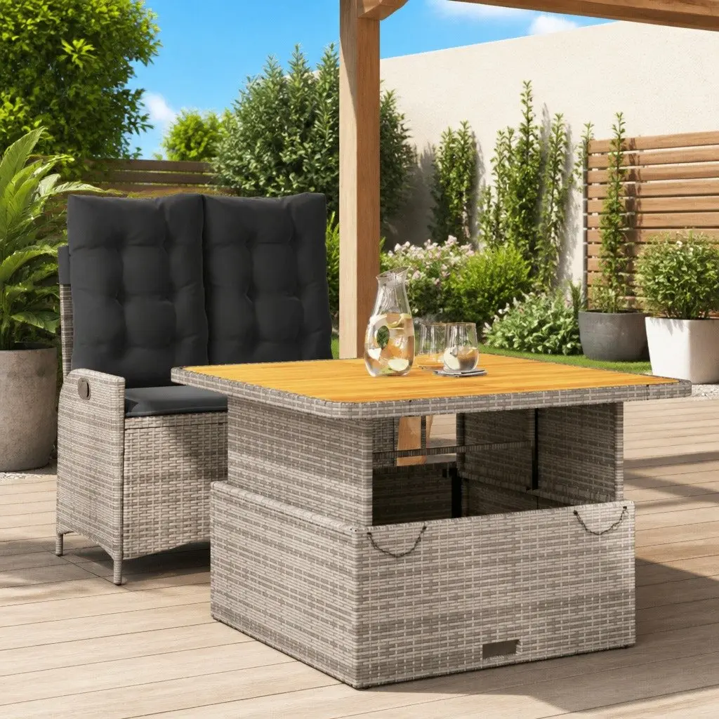 Garden Dining Set 2 Piece Adjustable Backrest Lift-Top Table Grey Rattan