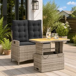 Garden Dining Set 2 Piece Grey Poly Rattan Outdoor Furniture with Cushions