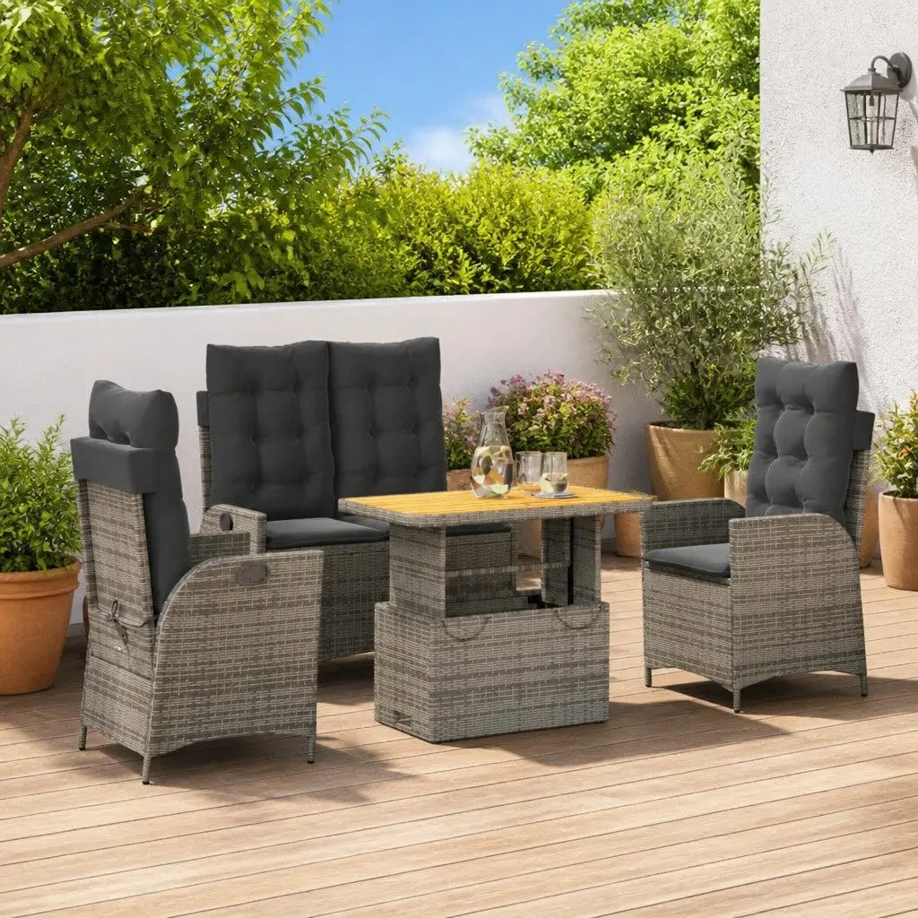 4 Piece Garden Dining Set Adjustable Backrest Lift Top Table Grey Cushions