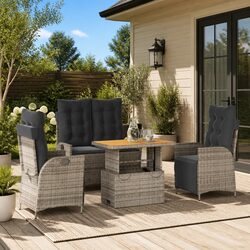 4 Piece Garden Dining Set Adjustable Backrest Lifting Table Grey Cushioned