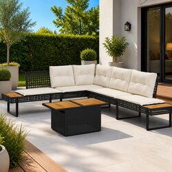2 Piece Garden Sofa Set Black Poly Rattan Outdoor Furniture with Cushions Acacia