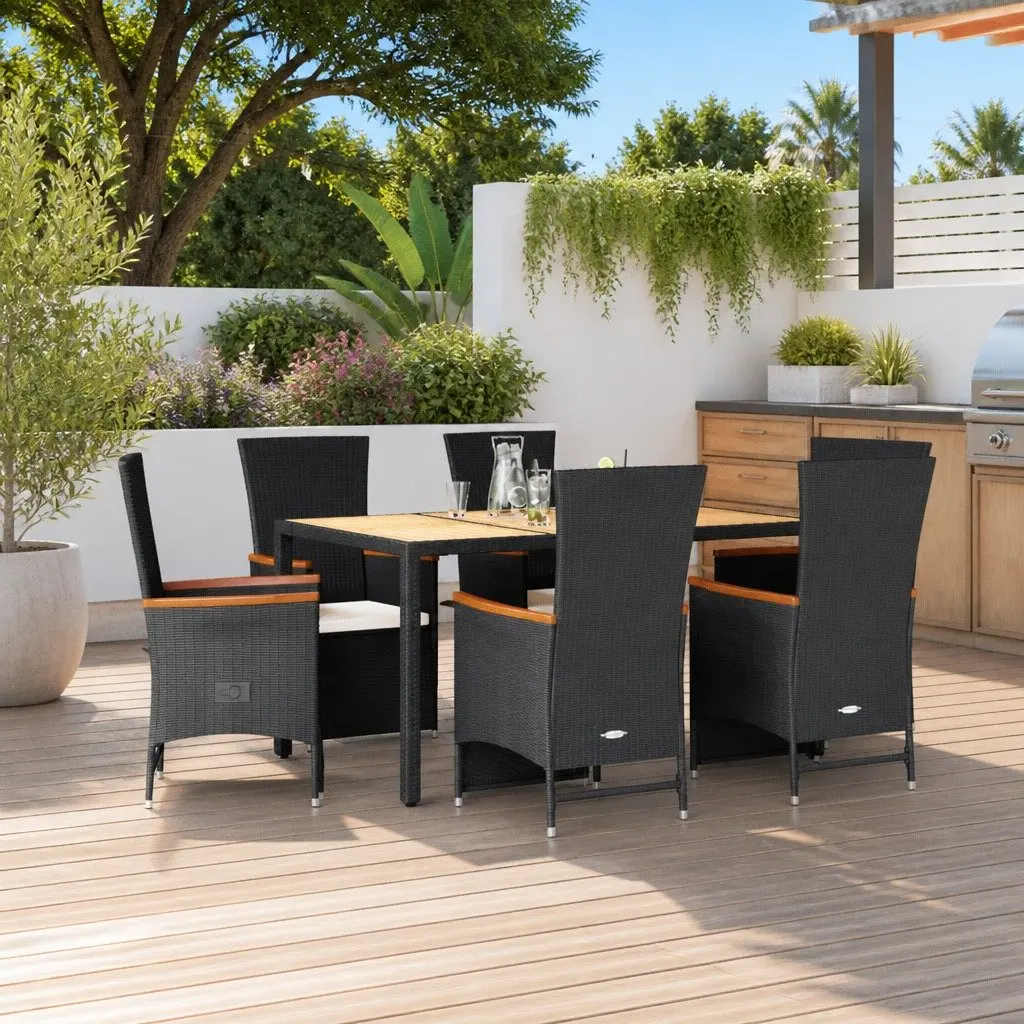 Garden Dining Set 7 Piece Outdoor Furniture PE Rattan Black Acacia Wood Table