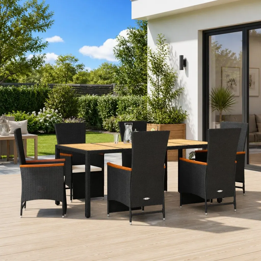 Outdoor Dining Set 7 Piece Black Poly Rattan Garden Furniture with Cushions