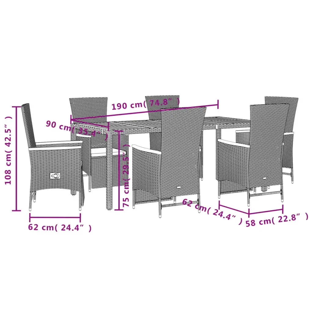 Outdoor Dining Set 7 Piece Black Poly Rattan Garden Furniture with Cushions