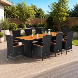Garden Dining Set 9 Piece Black Poly Rattan Outdoor Furniture with Cushions