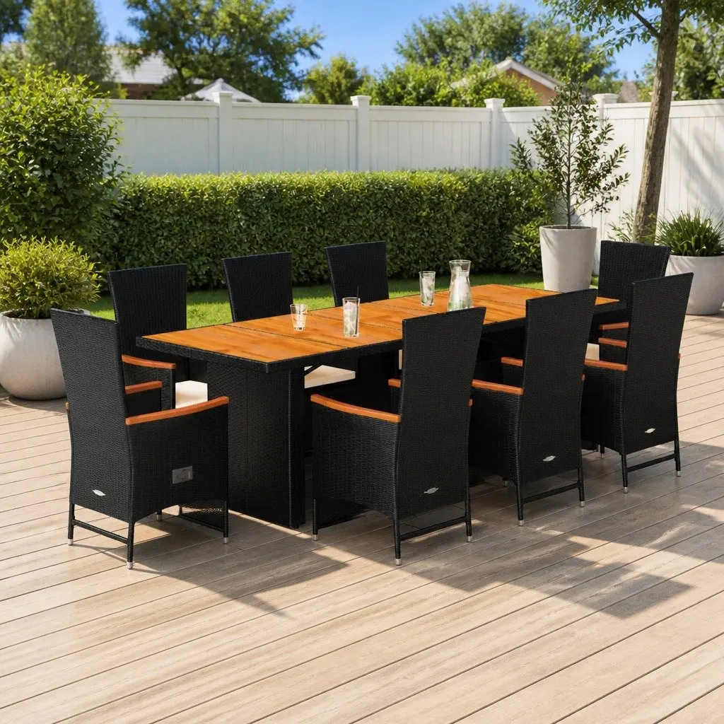 Outdoor Dining Set 9 Piece Garden Furniture with Cushions Black Poly Rattan