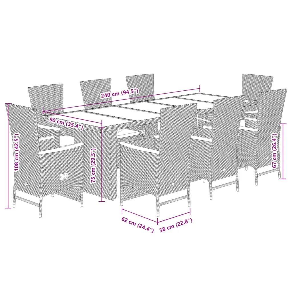 Outdoor Dining Set 9 Piece Garden Furniture with Cushions Black Poly Rattan
