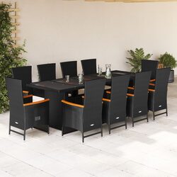 11 Piece Outdoor Garden Dining Set Poly Rattan Chairs Table with Cushions Black