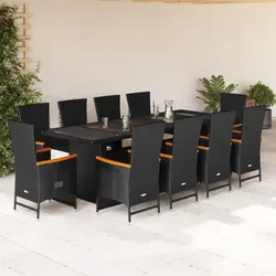 11 Piece Outdoor Garden Dining Set Poly Rattan Chairs Table with Cushions Black