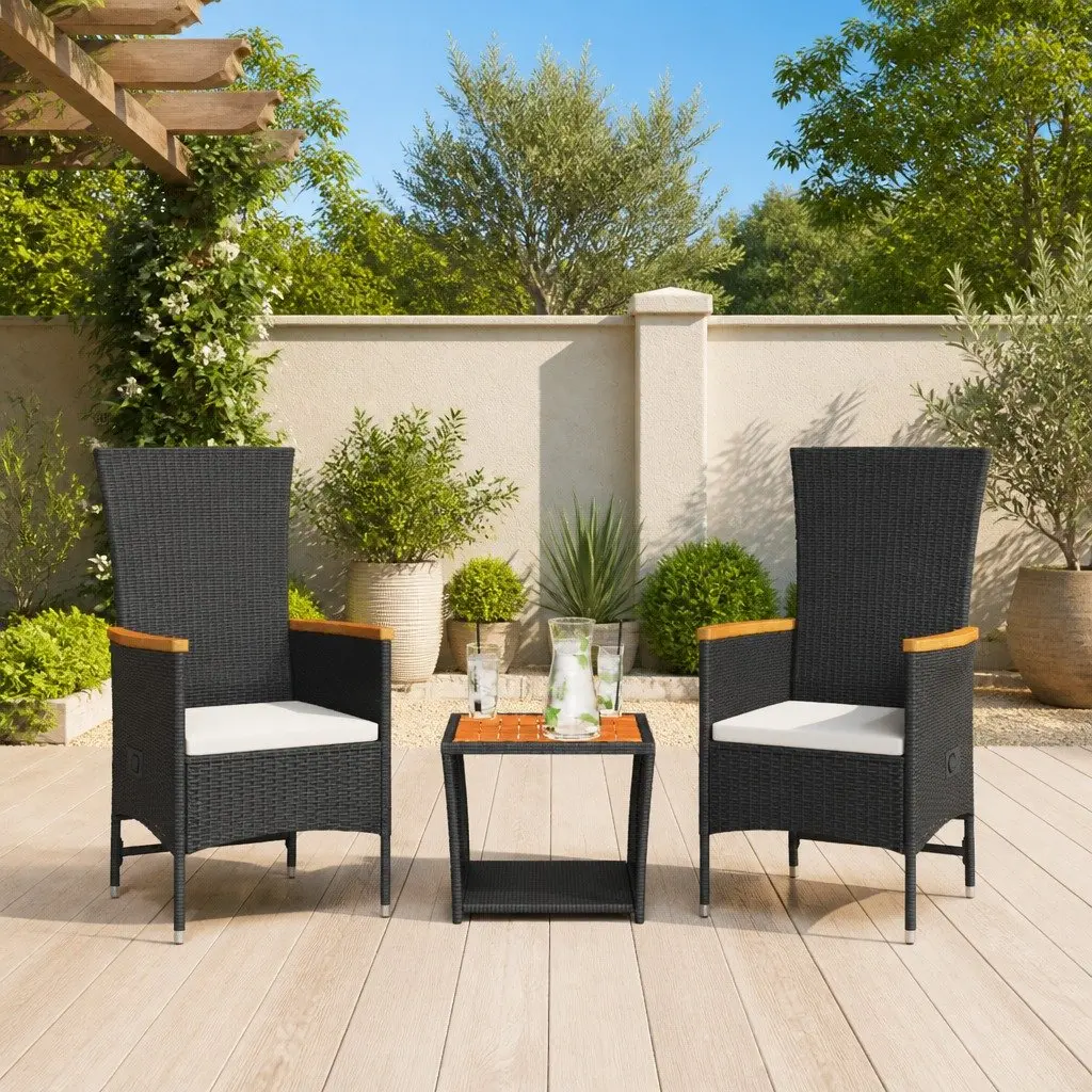 Garden Dining Set 3 Piece Outdoor Furniture Black Poly Rattan Cushions Patio