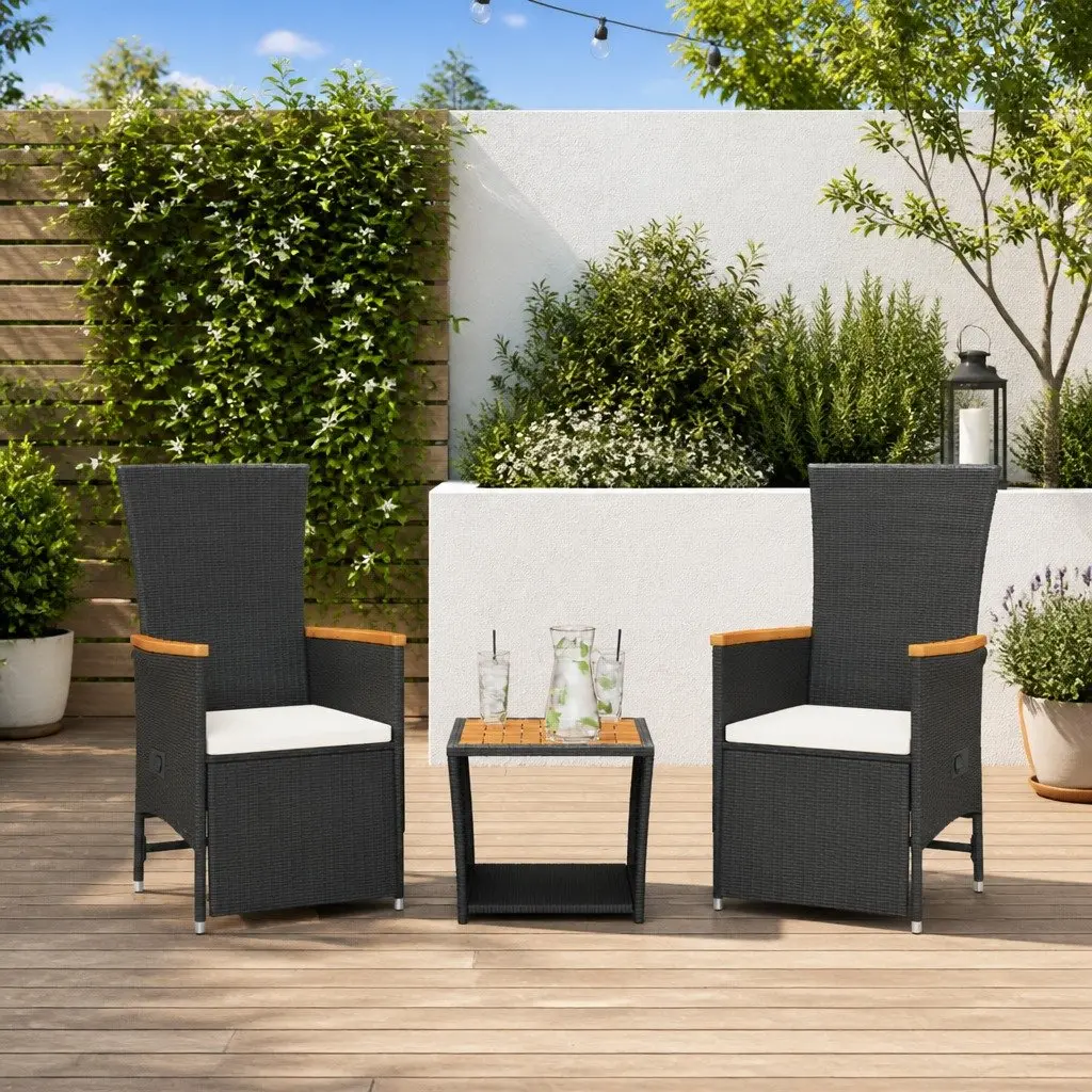 Outdoor Garden Dining Set 3 Piece Adjustable Backrest Black Poly Rattan Furniture with Cushions