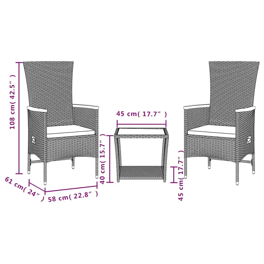 3 Piece Outdoor Dining Set Black Poly Rattan Garden Furniture Patio Table Chairs