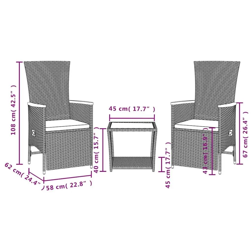 3 Piece Outdoor Dining Set Adjustable Backrest Black Poly Rattan Glass Tabletop
