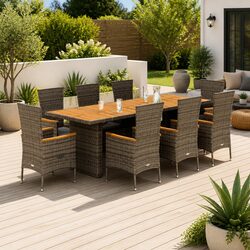 9 Piece Garden Dining Set Grey Poly Rattan Outdoor Furniture with Cushions
