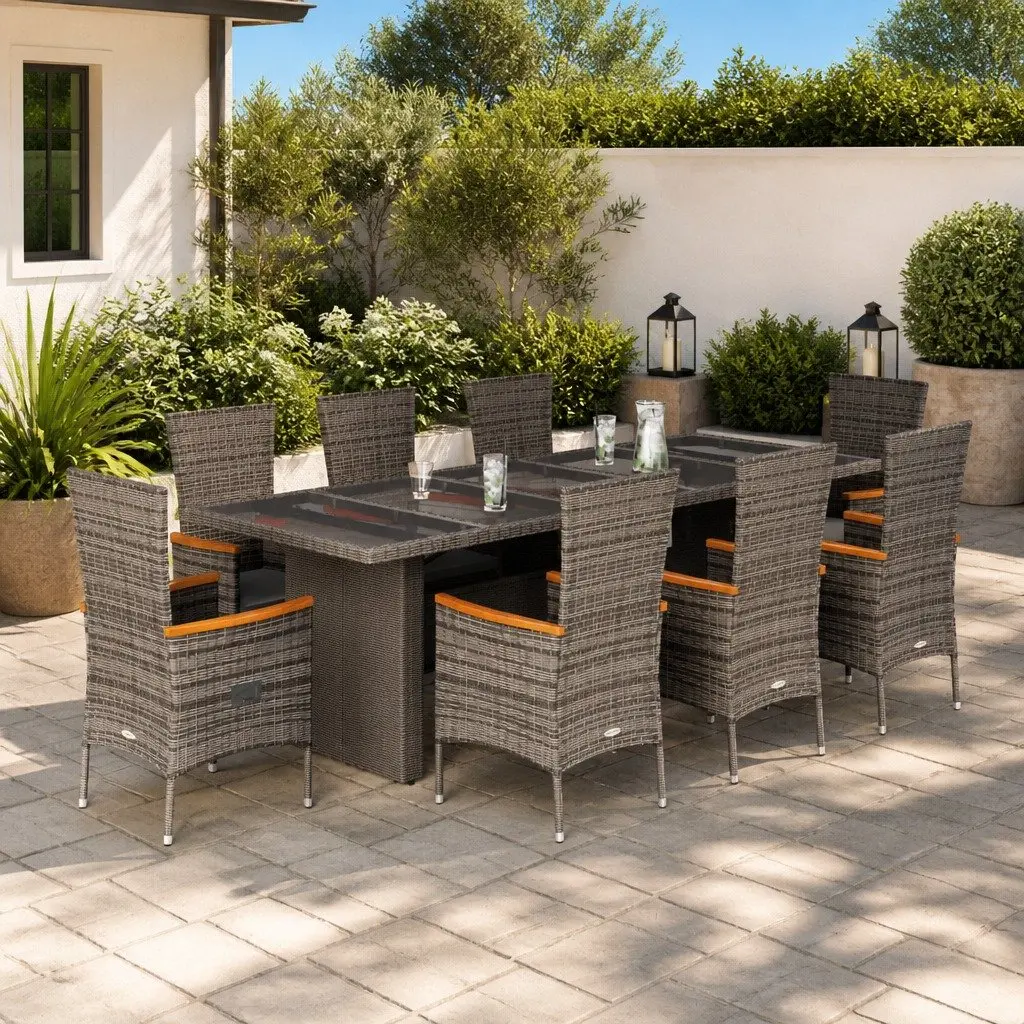 Garden Dining Set 9 Piece Grey PE Rattan Outdoor Furniture with Cushions