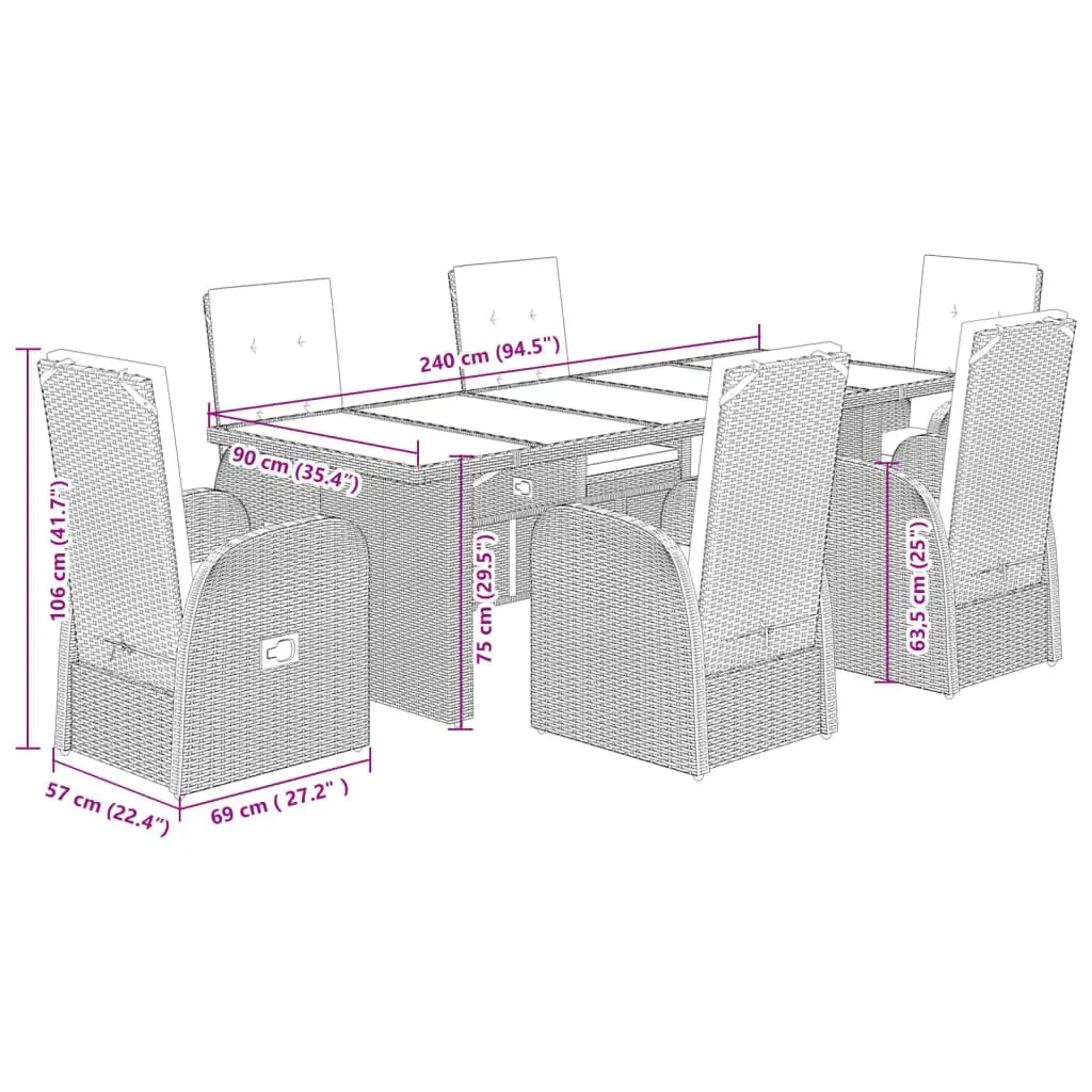 7 Piece Garden Dining Set Grey Poly Rattan Outdoor Furniture with Cushions