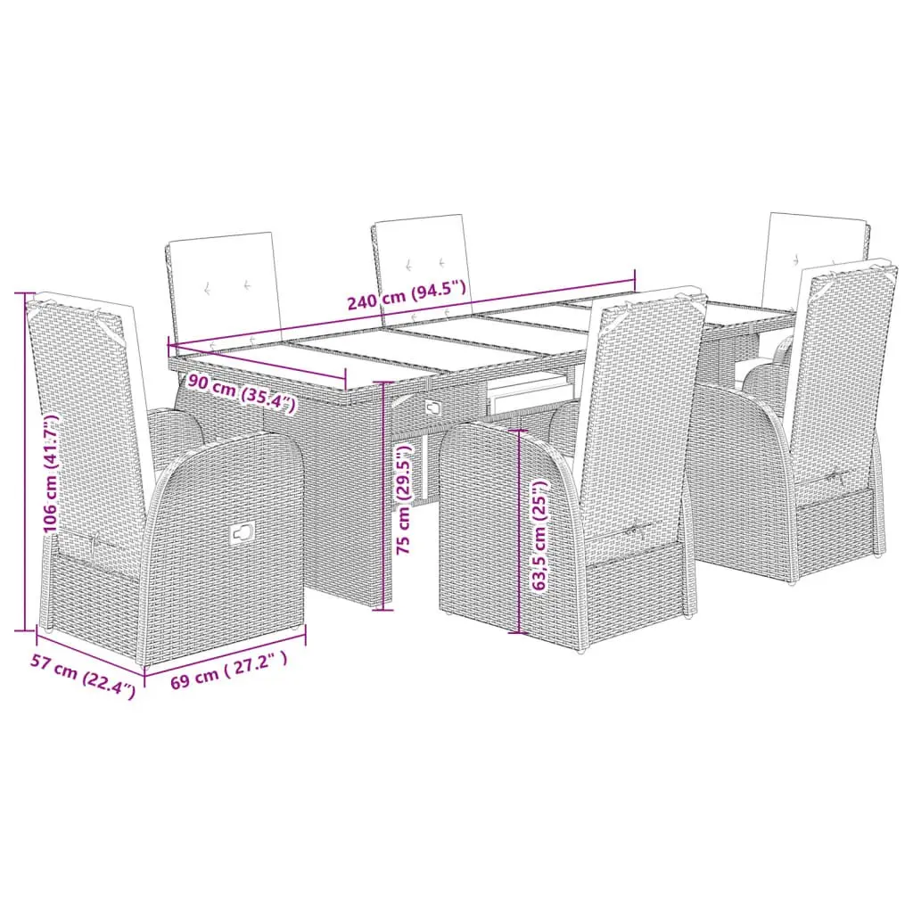 7 Piece Garden Dining Set Outdoor Furniture with Cushions Grey Poly Rattan