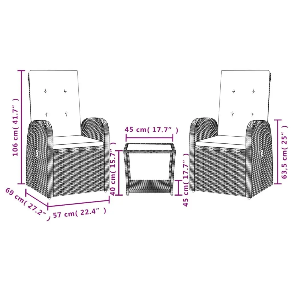 Garden Dining Set 3 Piece Grey Poly Rattan Outdoor Furniture Patio Table Chairs