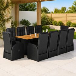 Outdoor Dining Set 11 Pieces Black Poly Rattan Garden Furniture Cushioned Seats