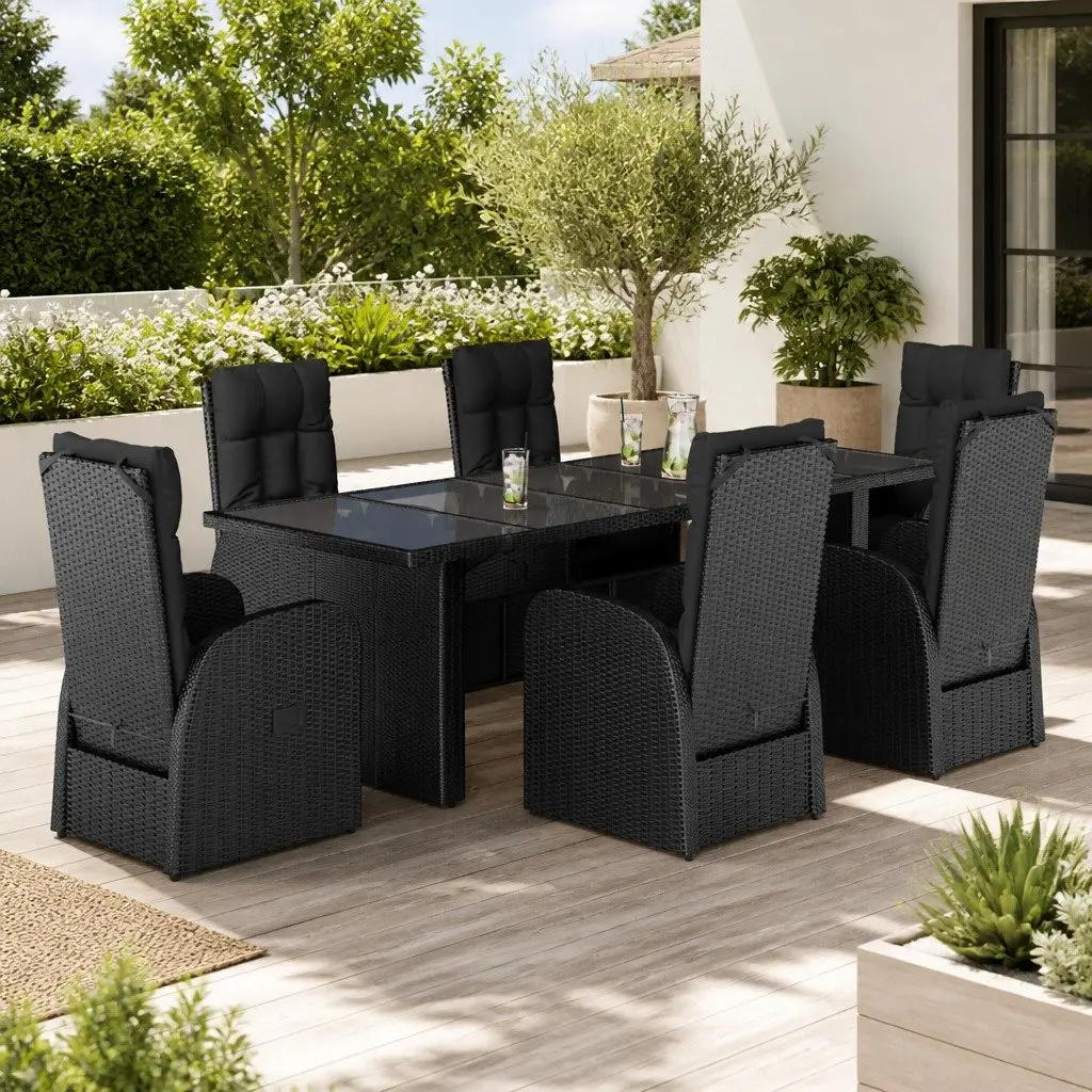 Outdoor Dining Set 7 Piece Black Poly Rattan with Cushions