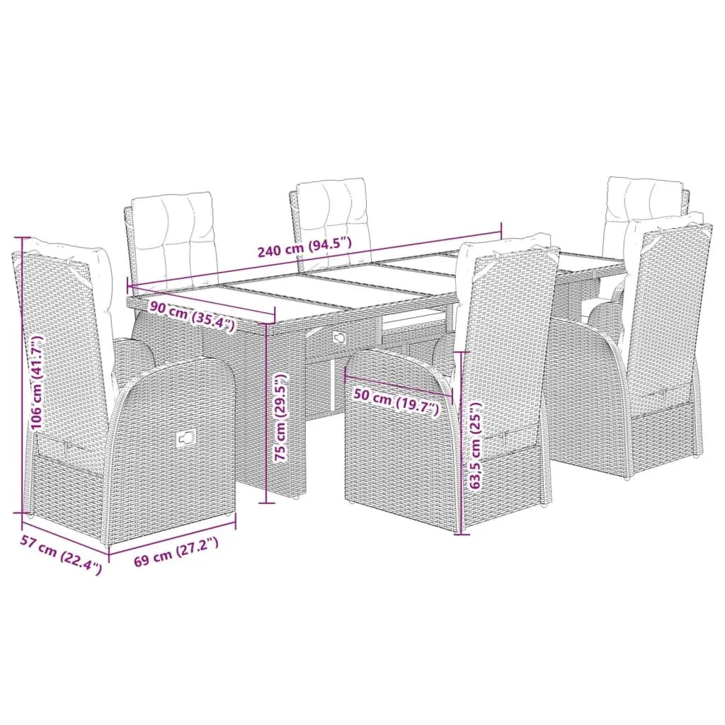 Outdoor Dining Set 7 Piece Black Poly Rattan with Cushions
