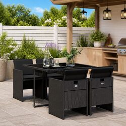 5 Piece Garden Dining Set Outdoor Furniture Black Poly Rattan Table Chairs