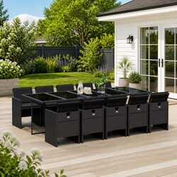 Garden Dining Set 11 Piece Black Poly Rattan Outdoor Furniture with Cushions