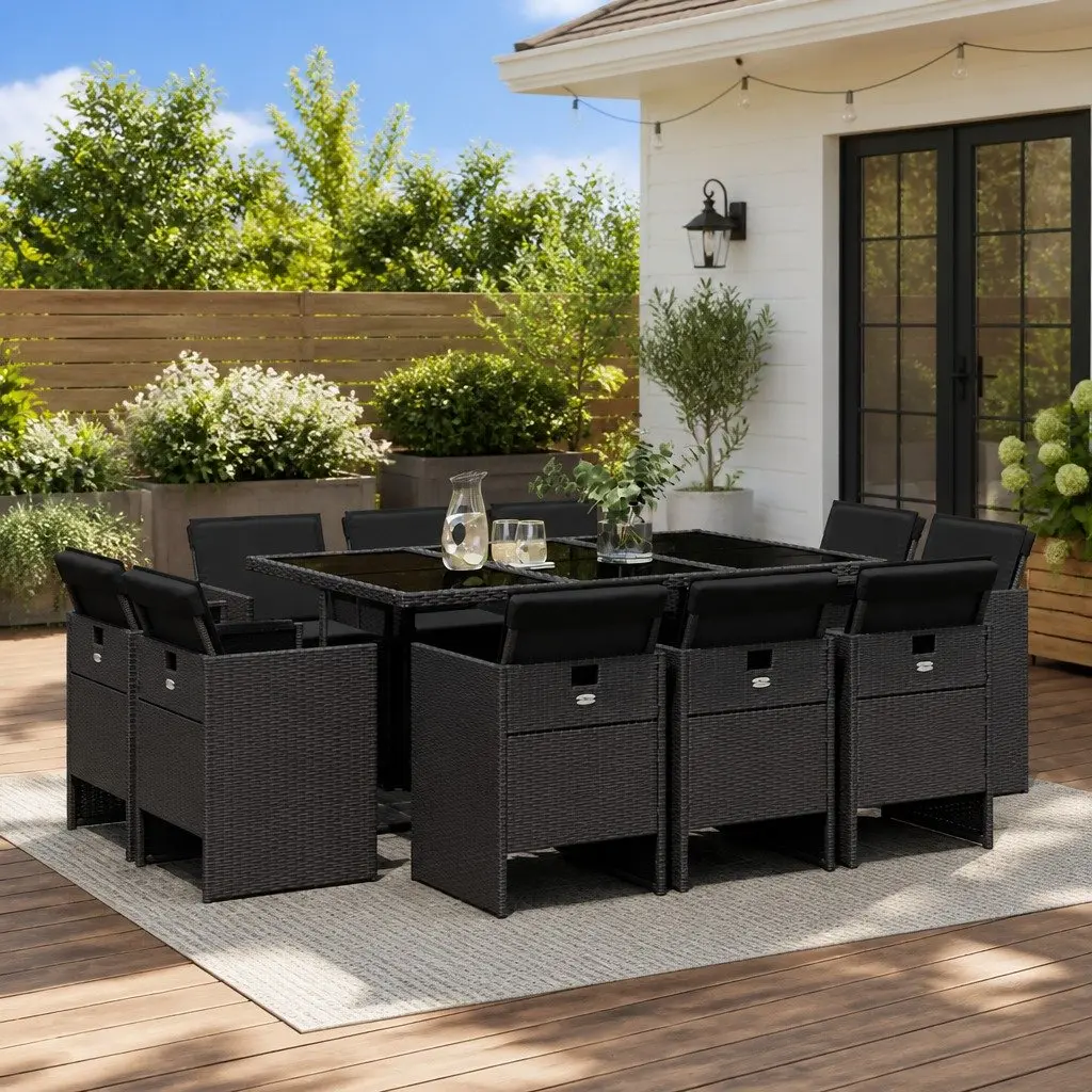 11 Piece Outdoor Dining Set PE Rattan Black Chairs Table with Cushions