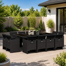 13 Piece Garden Dining Set Black Poly Rattan Outdoor Furniture with Cushions