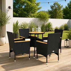 5 Piece Garden Dining Set Outdoor Furniture with Cushions Black Poly Rattan
