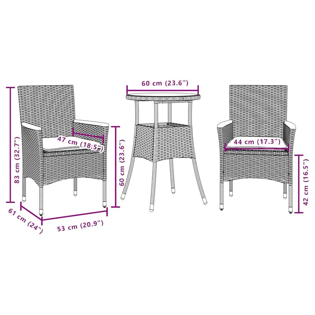 Outdoor Dining Set 3 Piece Garden Furniture Poly Rattan Glass Table Patio
