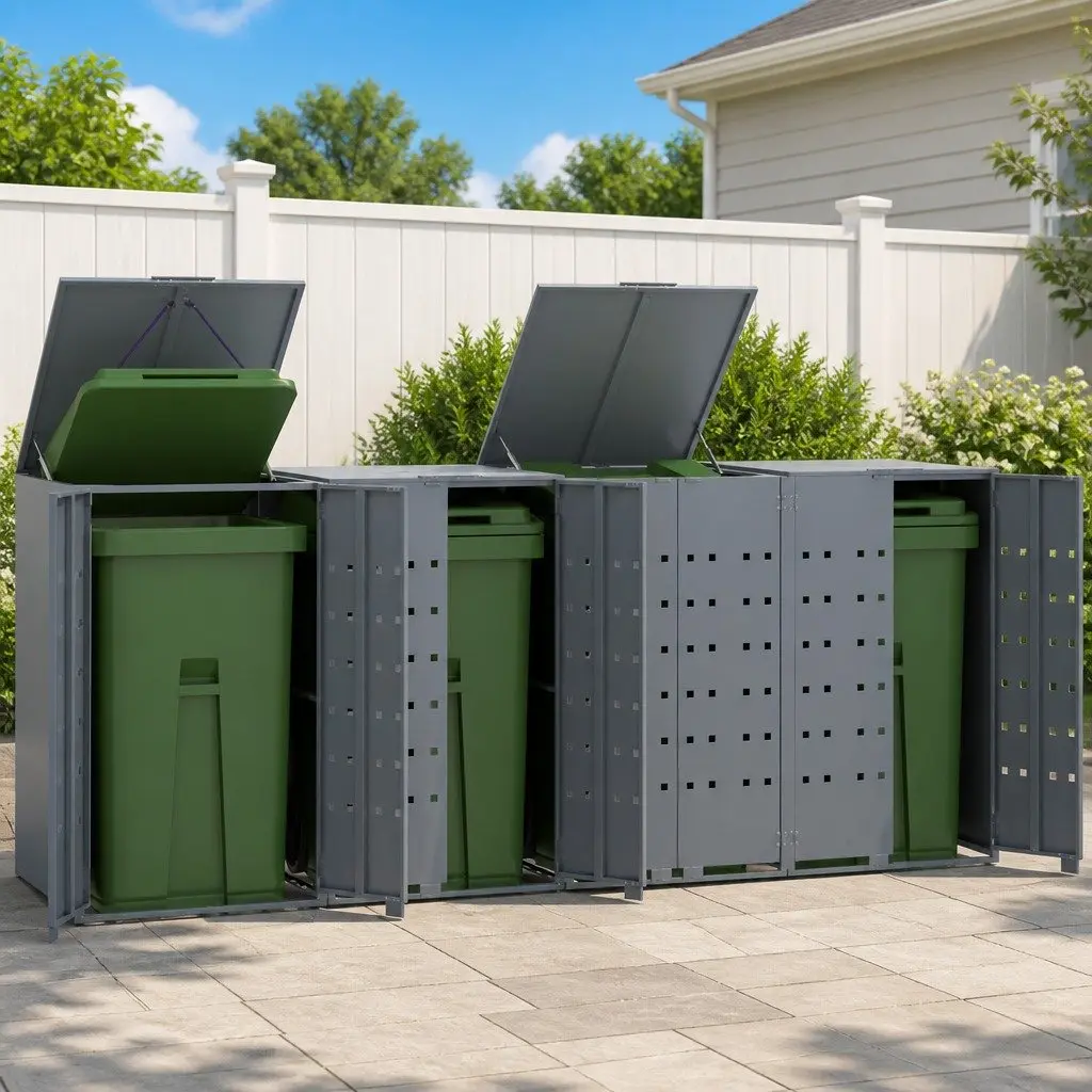 Wheelie Bin Storage Shed Powder-Coated Steel Grey for 4 Bins Garden Waste Container Enclosure