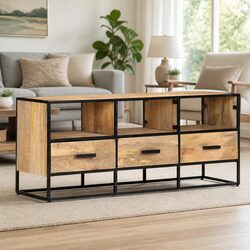 TV Cabinet 110x30x45 cm Brown Rough Mango Wood with Drawers and Shelves