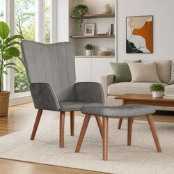 Relaxing Chair with Stool Grey Velvet Upholstered Armchair Padded Foam Seat