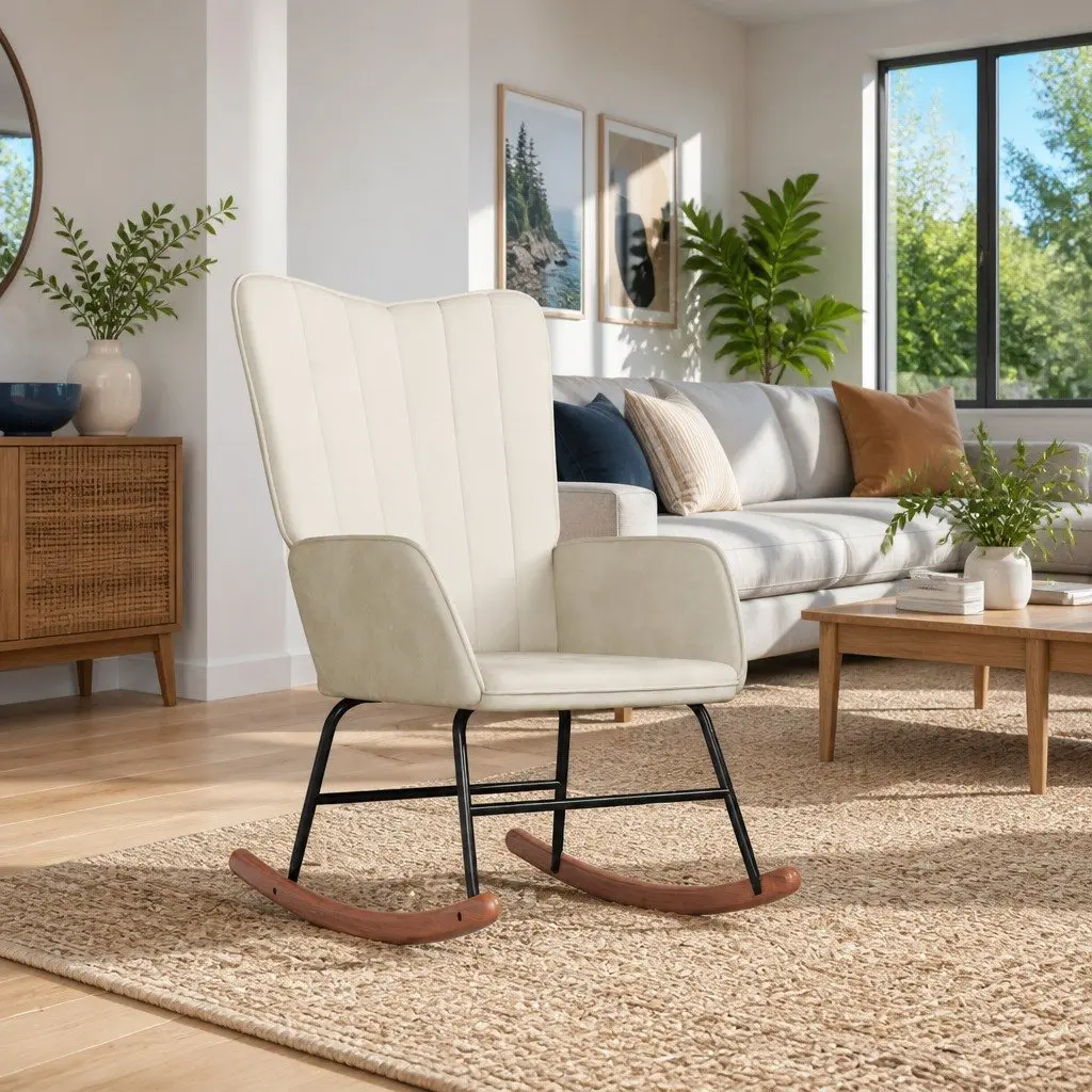 Rocking Chair Padded Foam Upholstered Velvet White Steel Frame for Living Room Relaxation