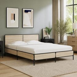 Bed Frame 150x200 cm Brown Sonoma Oak Engineered Wood Headboard Metal Legs