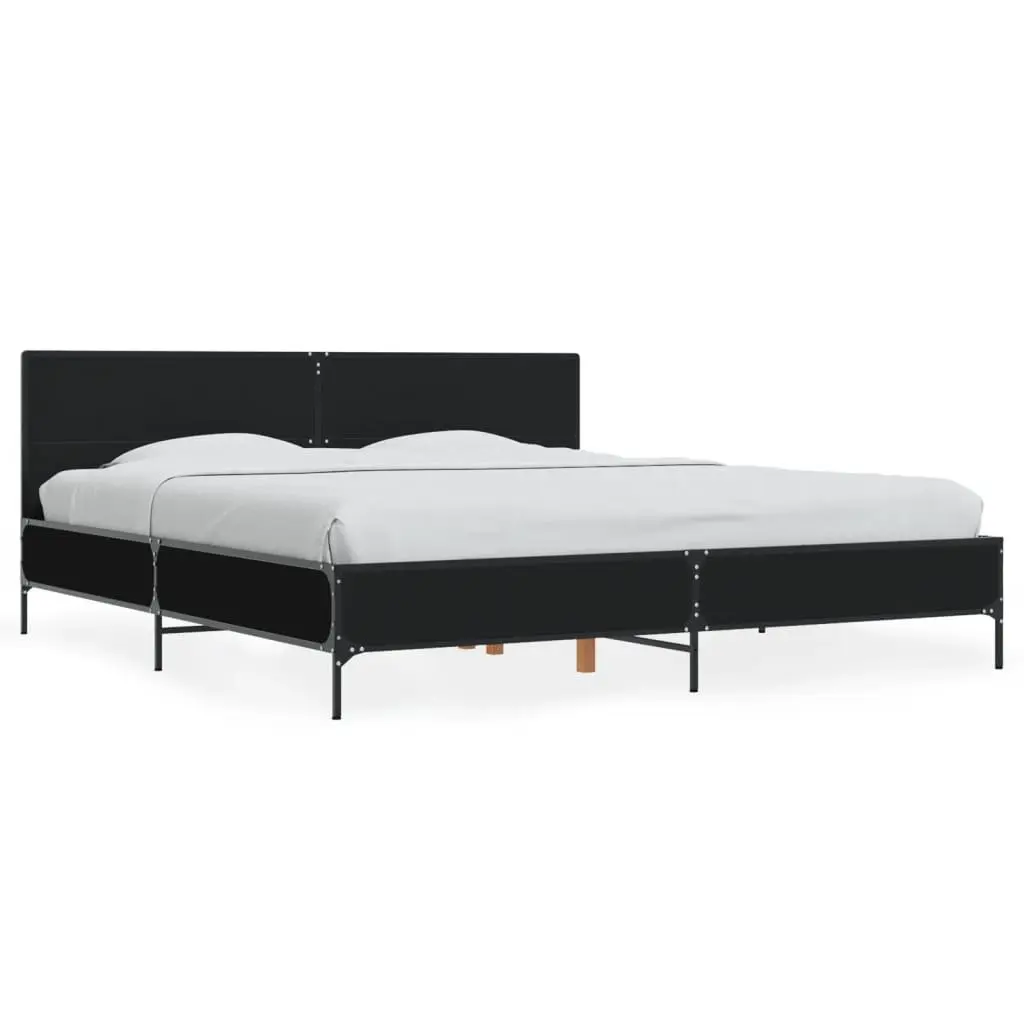 King Bed Frame Black 183x203 cm Engineered Wood Metal Legs Slatted Base