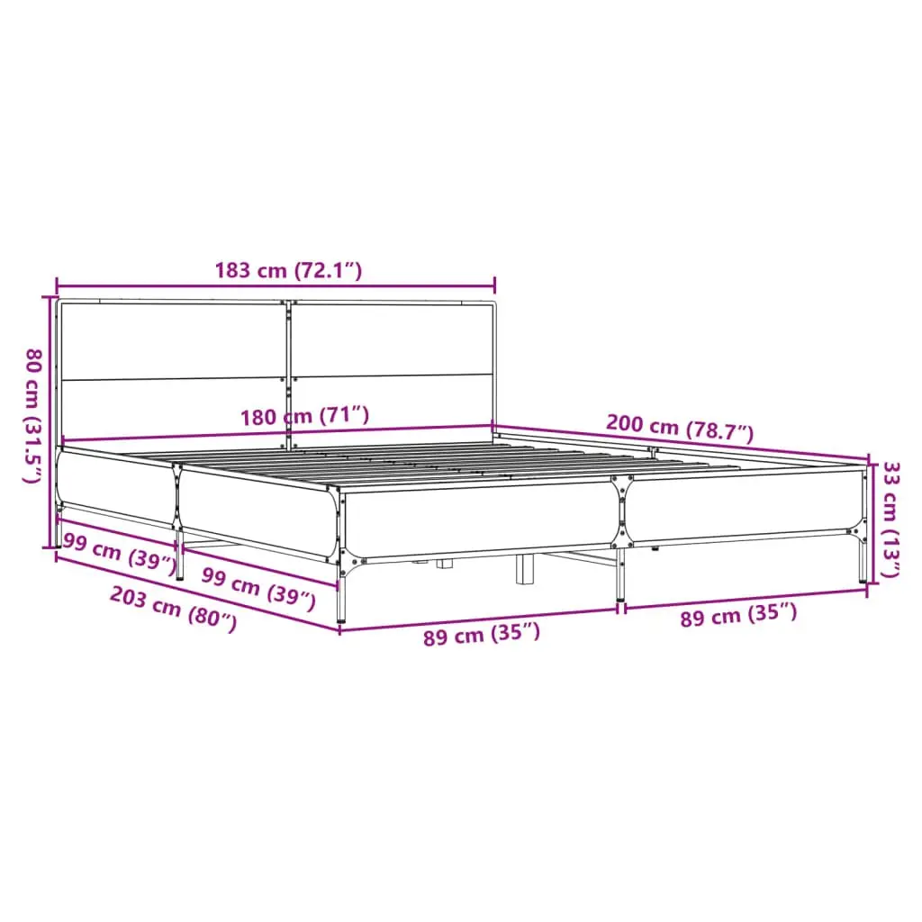 King Bed Frame Black 183x203 cm Engineered Wood Metal Legs Slatted Base