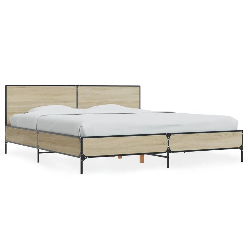 Bed Frame Engineered Wood Brown 183x203cm Headboard Slatted Base Metal Legs