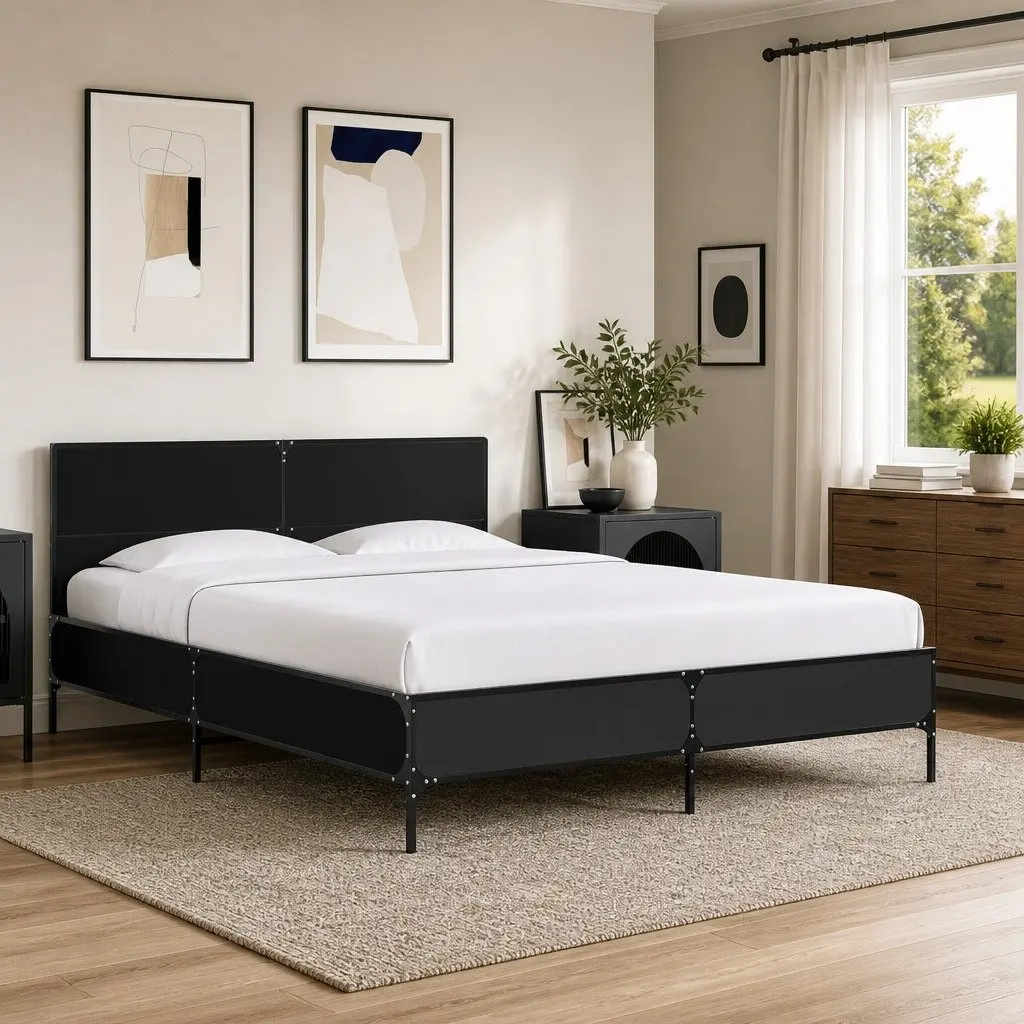 Bed Frame Black Slatted Base 135x190 cm with Headboard Support