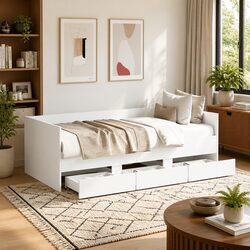 Daybed with Storage Drawers and Trundle Guest Bed Sofa Frame White 90x190cm